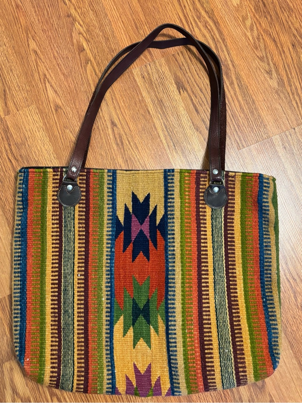 Boho Striped Woven Tote Bag with Leather Straps - Multicolor